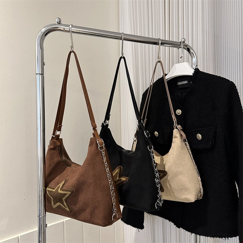 Star Patch Suede PU Lederen Schoudertas Vintage Y2K Streetwear Grote Capaciteit Tote Met Ketting Decoratie Voor Dames