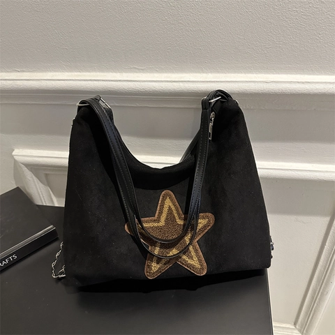 Star Patch Suede PU Lederen Schoudertas Vintage Y2K Streetwear Grote Capaciteit Tote Met Ketting Decoratie Voor Dames