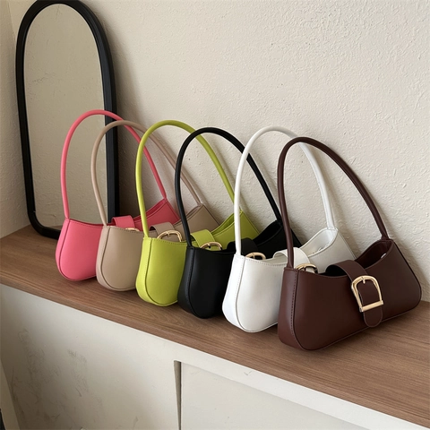 Bolso De Hombro Baguette De Cuero PU Para Mujer Con Hebilla Dorada Minimalista Color Sólido Vintage Elegante