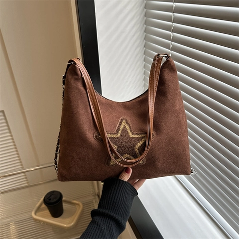 Vintage Stern Aufnäher Canvas Umhängetasche Große Kapazität Schultertasche Für Damen Casual Street Style Tasche Mit Metallkette