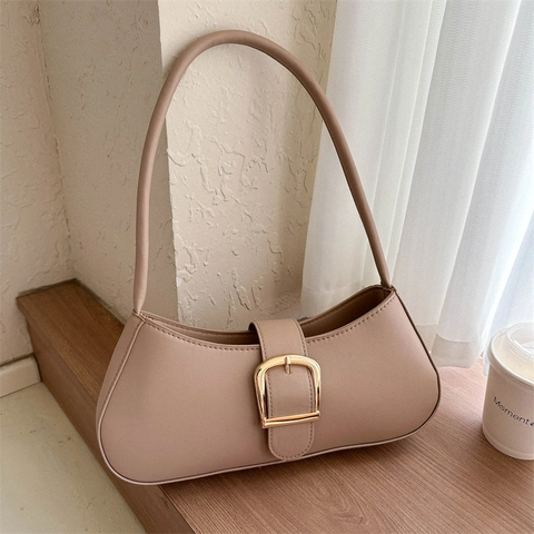 Bolso De Hombro Baguette De Cuero PU Para Mujer Con Hebilla Dorada Minimalista Color Sólido Vintage Elegante