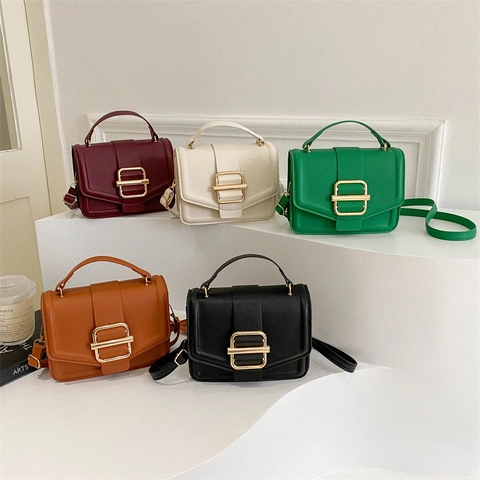 Litchi Grain PU Leather Crossbody Bag For Women Retro Small Square Shoulder Handbag With Gold Metal Buckle Simple Style