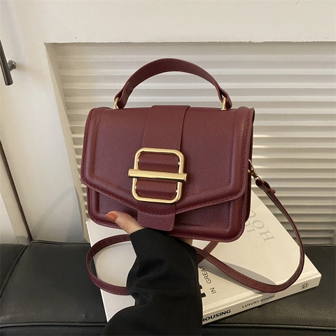 Litchi Grain PU Leather Crossbody Bag For Women Retro Small Square Shoulder Handbag With Gold Metal Buckle Simple Style