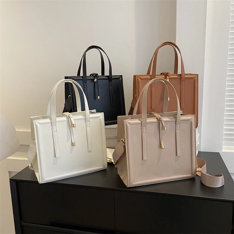Women Square Tote Bag PU Leather Large Capacity Wide Shoulder Strap For Commute Work Fashion Handbag Crossbody