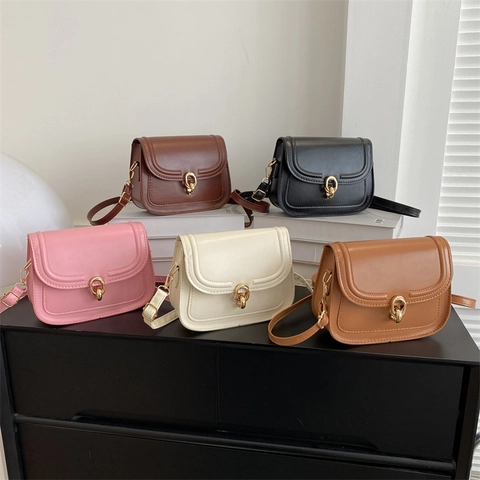 Vintage Women PU Leather Crossbody Bag Gold Ring Buckle Flap Square Shoulder Bag Trendy Solid Color Commuter Satchel