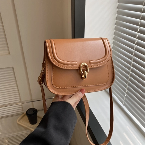 Vintage Women PU Leather Crossbody Bag Gold Ring Buckle Flap Square Shoulder Bag Trendy Solid Color Commuter Satchel