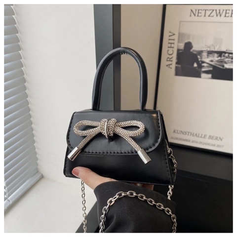 Mini Handbag Women Rhinestone Bowknot PU Leather Crossbody Bag Silver Chain Shoulder Tote Elegant Fashion Square Bag