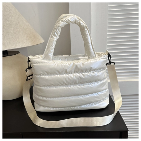 Quilted Puffer Tote Bag Glossy Nylon Lightweight Spacious Shoulder Crossbody Handbag For Women Chic Korean Style