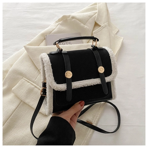 Borsa A Tracolla Retrò Donna Pelle PU Finta Lana Di Agnello Piccola Borsa Quadrata Con Manico
