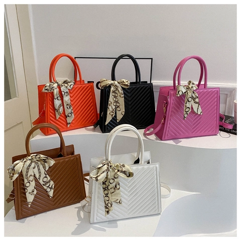 Fashion Women PU Leather Handbag With Satin Scarf Decor V-Shaped Quilted Crossbody Bag Large Capacity Top Handle Purse