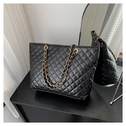 Gewatteerde Tote Tas PU Leer Grote Capaciteit Diamant Patroon Gouden Ketting Schouderband Minimalistische Handtas