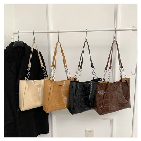 Borsa Tote Pelle PU Motivo Coccodrillo Grande Capacità Borsa Spalla Sottobraccio Catena Argentata Moda Ufficio