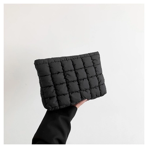 Quilted Puffy Clutch Bag Padded Cotton Square Pattern Zip Fashion Handbag For Women Solid Color Simple Niche Design