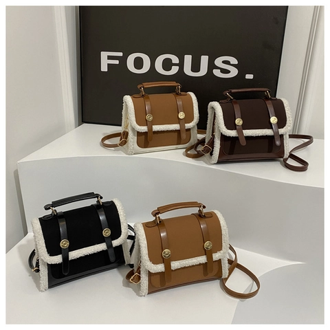 Borsa A Tracolla Retrò Donna Pelle PU Finta Lana Di Agnello Piccola Borsa Quadrata Con Manico