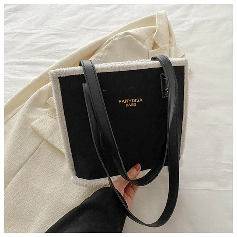 Borsa Tote Invernale Da Donna Bordo In Lana Di Agnello Sintetica Contrasto Pelle PU Opaca Borsa A Tracolla