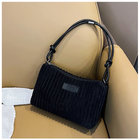 Bolso De Hombro De Pana Para Mujer Bolso Axilar Color Sólido Textura Rayada Correa Con Nudo Retro Simple Invierno