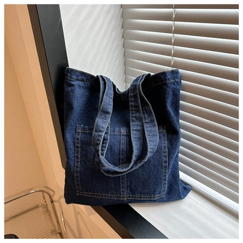 Borsa A Spalla In Denim Grande Capacità Donna Tote Retro Casual Con Tasche Frontali Chiusura A Cerniera