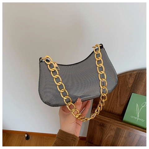 Women Holographic Glitter Underarm Bag With Gold Chain Strap PU Leather Solid Color Hobo Shoulder Bag For Daily Party Fashion Handbag