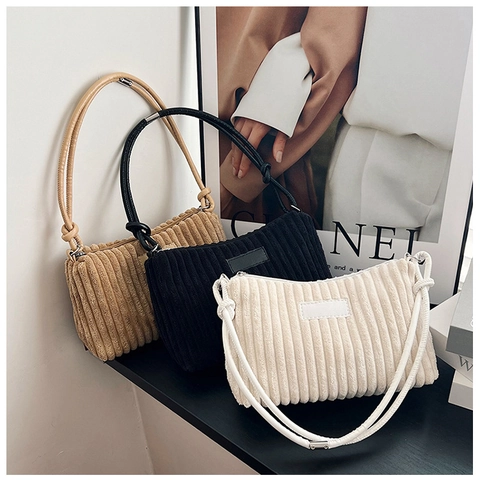 Bolso De Hombro De Pana Para Mujer Bolso Axilar Color Sólido Textura Rayada Correa Con Nudo Retro Simple Invierno