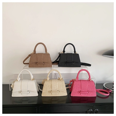 Women Crossbody Handbag PU Leather Woven Texture Vintage Trapezoid Top Handle Bag With Detachable Shoulder Strap Minimalist