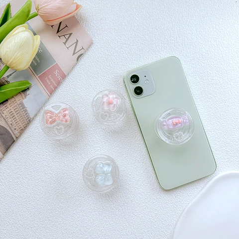 Support De Poignée De Téléphone Mignon Noeud Papillon Coeur 3D Résine Pailletée Transparente Rétractable Kawaii