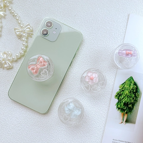 Support De Poignée De Téléphone Mignon Noeud Papillon Coeur 3D Résine Pailletée Transparente Rétractable Kawaii