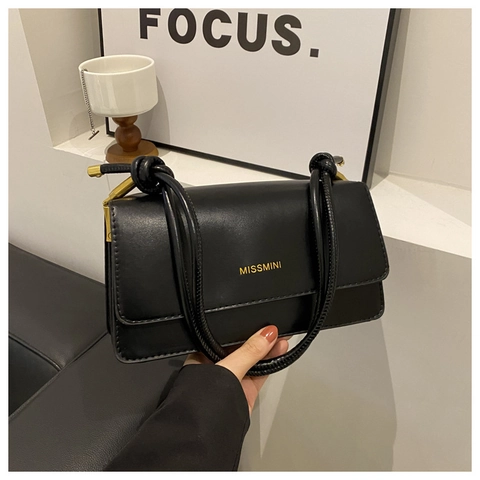 Minimalist Women PU Leather Underarm Shoulder Bag Flip Cover Knot Strap Golden Hardware Solid Color