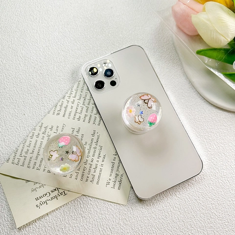 Round Transparent Glitter Phone Grip Griptok Foldable Expanding Mobile Stand Holder Resin Butterfly Strawberry Daisy