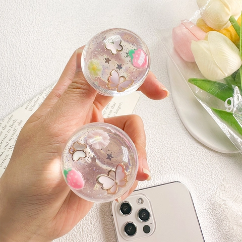 Round Transparent Glitter Phone Grip Griptok Foldable Expanding Mobile Stand Holder Resin Butterfly Strawberry Daisy