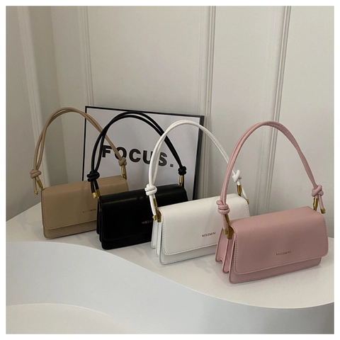 Women Minimalist Small Square Shoulder Bag PU Leather Flap Crossbody Purse With Knotted Strap Gold Hardware Solid Color