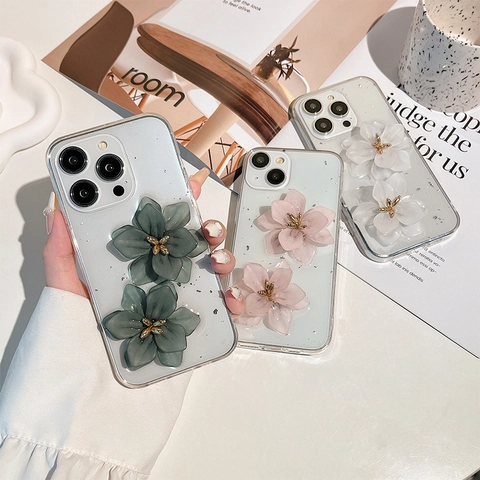 3D Floral Phone Case Transparent Glitter Silver Foil Resin Flower Luxury Elegant Shockproof Back Cover For Smartphone