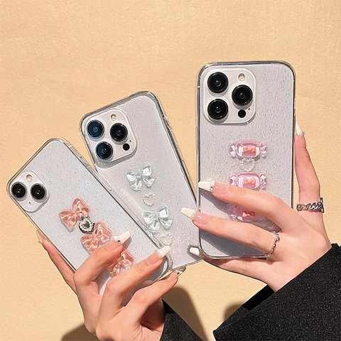 Funda De Teléfono Mariposa Corazón Caramelo Relief Transparente Purpurina PC Resina Dulce Estilo Y2K Accesorio