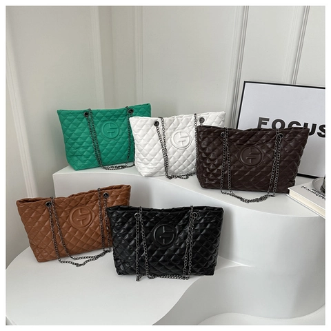 Quilted Diamond Pattern Tote Bag PU Leather Large Capacity Handbag With Chain Strap For Women Urban Casual Commuter