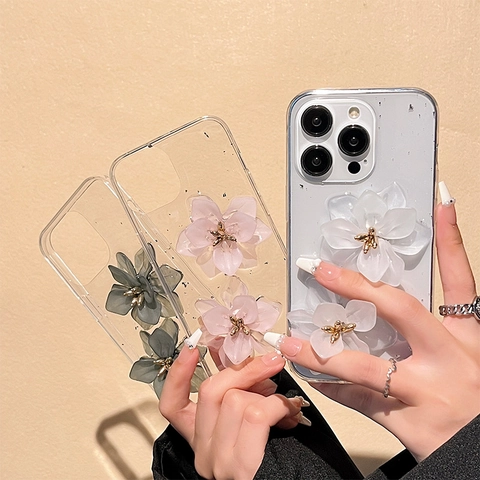 3D Floral Phone Case Transparent Glitter Silver Foil Resin Flower Luxury Elegant Shockproof Back Cover For Smartphone