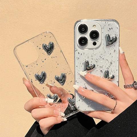 Custodia iPhone Trasparente Con Cuori In Metallo Argentato 3D E Foglia D'argento Moda Lusso Tendenza Per Donne