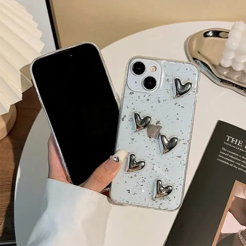 Custodia iPhone Trasparente Con Cuori In Metallo Argentato 3D E Foglia D'argento Moda Lusso Tendenza Per Donne