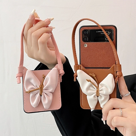Funda Plegable Para Teléfono Cuero PU Relieve Mariposa Con Correa De Mano Tarjetero Lujo Elegante Cubierta Protectora Mujer