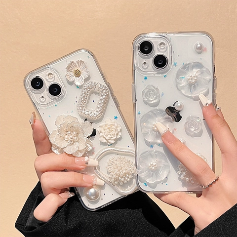 3D Hars Bloem Kunstparel Telefoonhoesje Transparante Beschermhoes Compatibel Voor iPhone 16 15 14 13 Pro Max Bloemig Stijl