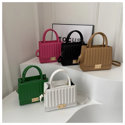 Women Crossbody Bag PU Leather Vertical Quilted Elegant Handbag With Top Handle Metal Lock Minimalist Fashion