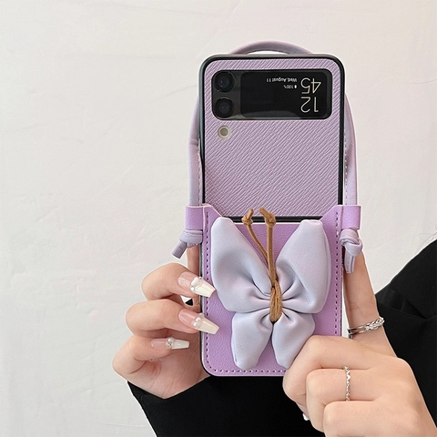 Funda Plegable Para Teléfono Cuero PU Relieve Mariposa Con Correa De Mano Tarjetero Lujo Elegante Cubierta Protectora Mujer