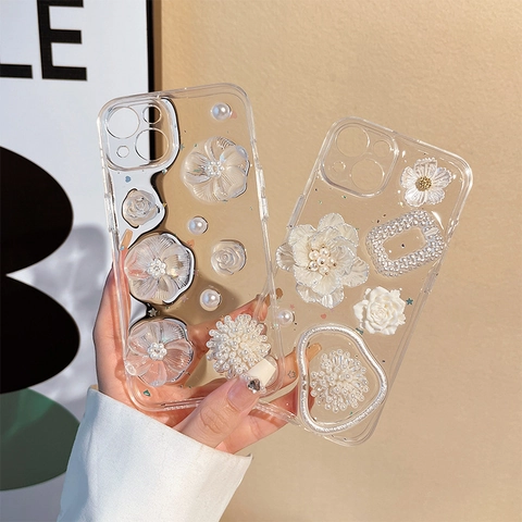 3D Hars Bloem Kunstparel Telefoonhoesje Transparante Beschermhoes Compatibel Voor iPhone 16 15 14 13 Pro Max Bloemig Stijl