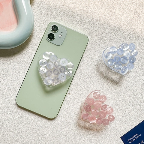 Herzförmiger Ausziehbarer Handyhalter Stand Transparentes Harz Mit Bunten Knöpfen Inlay Faltbare Halterung Für Smartphones