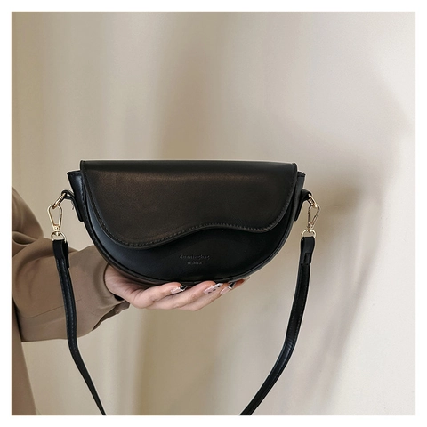 Bolso De Hombro Silla De Montar Mujer Cuero PU Retro Media Luna Solapa Bandolera Con Correa Ancha Para Diario