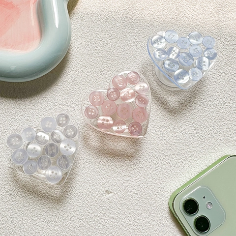 Herzförmiger Ausziehbarer Handyhalter Stand Transparentes Harz Mit Bunten Knöpfen Inlay Faltbare Halterung Für Smartphones