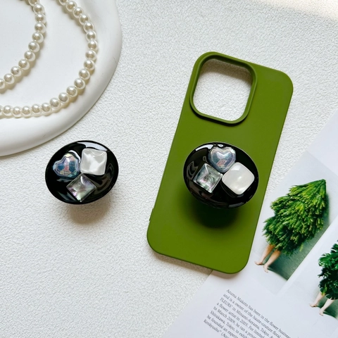 Heart Square Geometric Gemstone Phone Grip Iridescent Mother Of Artificial Pearl Plastic Retractable Collapsible Desktop Stand