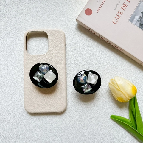 Heart Square Geometric Gemstone Phone Grip Iridescent Mother Of Artificial Pearl Plastic Retractable Collapsible Desktop Stand
