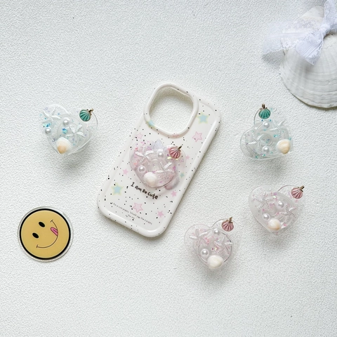 Supporto Per Telefono Cuore Griptok Retrattile Resina Tema Oceano Conchiglia Stella Marina Perla Artificial Glitter Carino