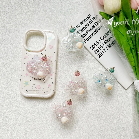 Supporto Per Telefono Cuore Griptok Retrattile Resina Tema Oceano Conchiglia Stella Marina Perla Artificial Glitter Carino
