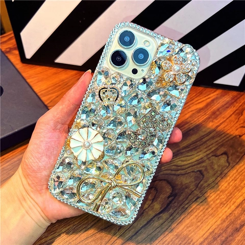 Luxus Strass Handyhülle Für IPhone Funkelnde Kristall Kamelie Krone Schleife Metall Schmuck Schutzhülle