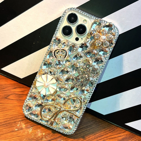 Luxus Strass Handyhülle Für IPhone Funkelnde Kristall Kamelie Krone Schleife Metall Schmuck Schutzhülle